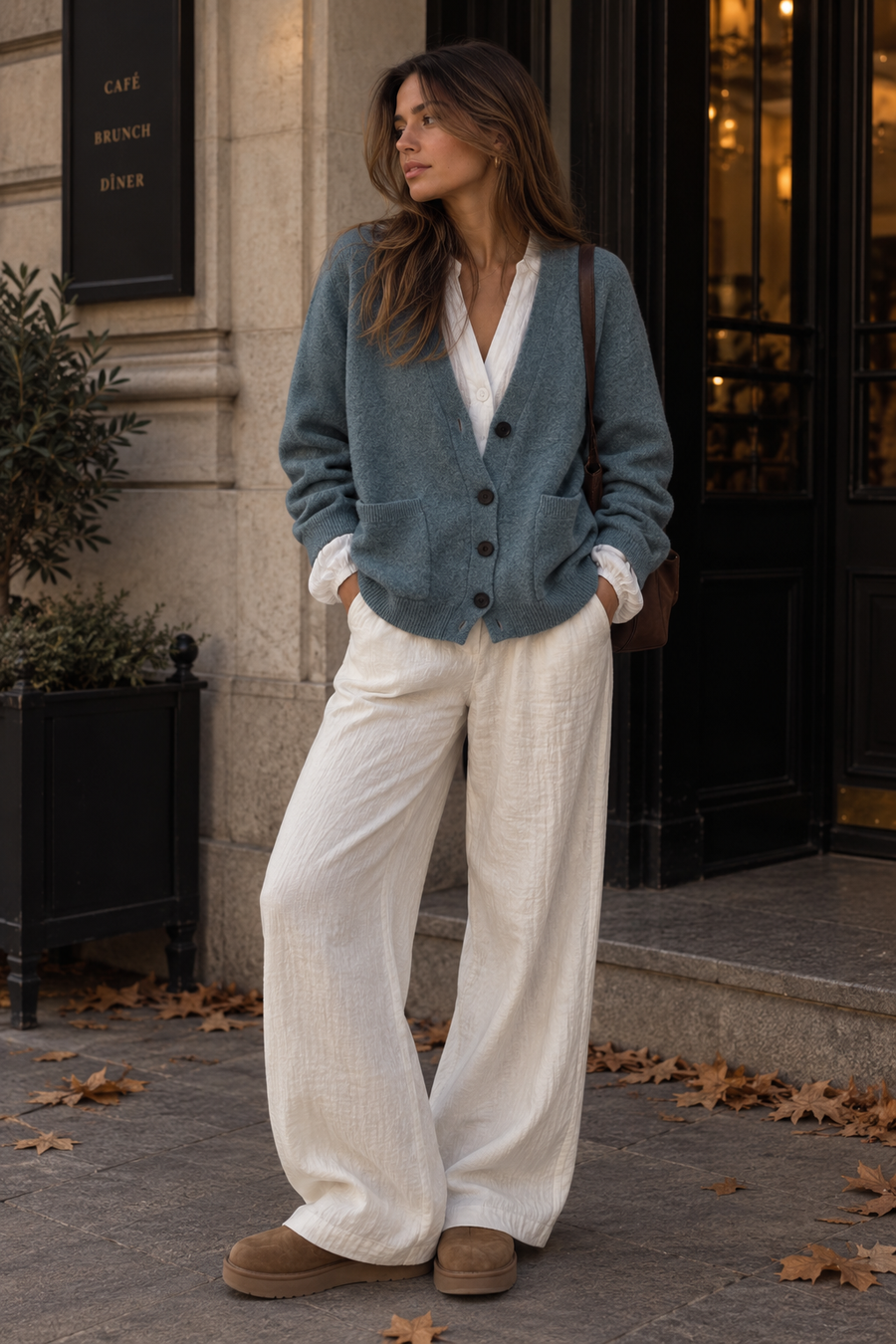 Conjunto Blusa Blanca y Cardigan Azul-Gris