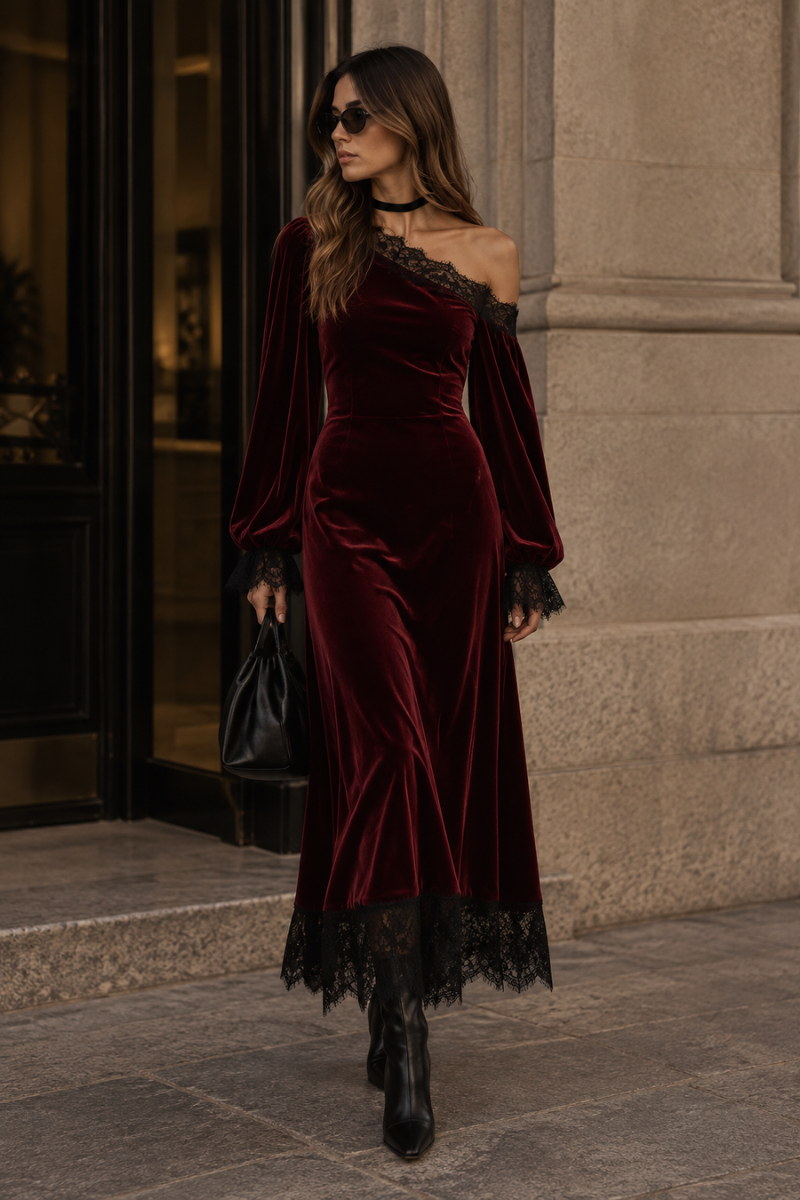 Vestido Terciopelo Hombro Asimetrico Burdeos